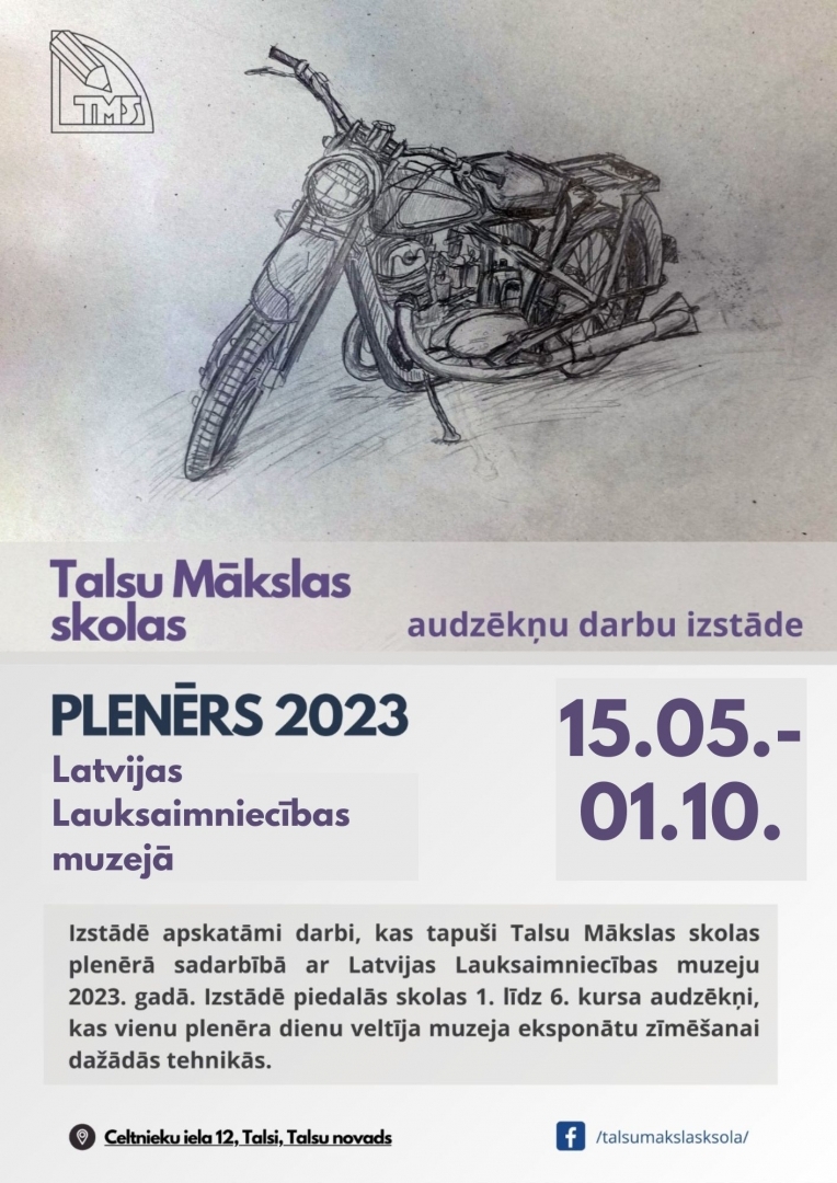 Izstādes "Plenērs 2023" plakāts ar zīmētu motociklu plakāta augšējā daļā