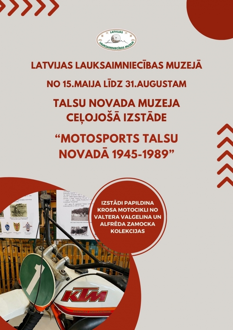 Ceļojošās izstādes “Motosports Talsu novadā 1945–1989” afiša uz pelēka fona ar sarkaniem burtiem